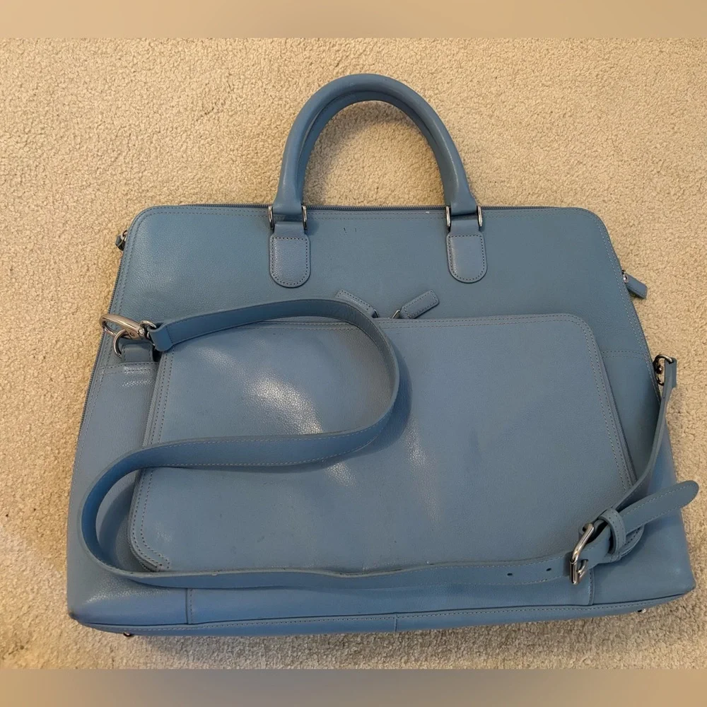 Levenger 100% Leather Light Blue Briefcase with Removable Shoulder Strap $450